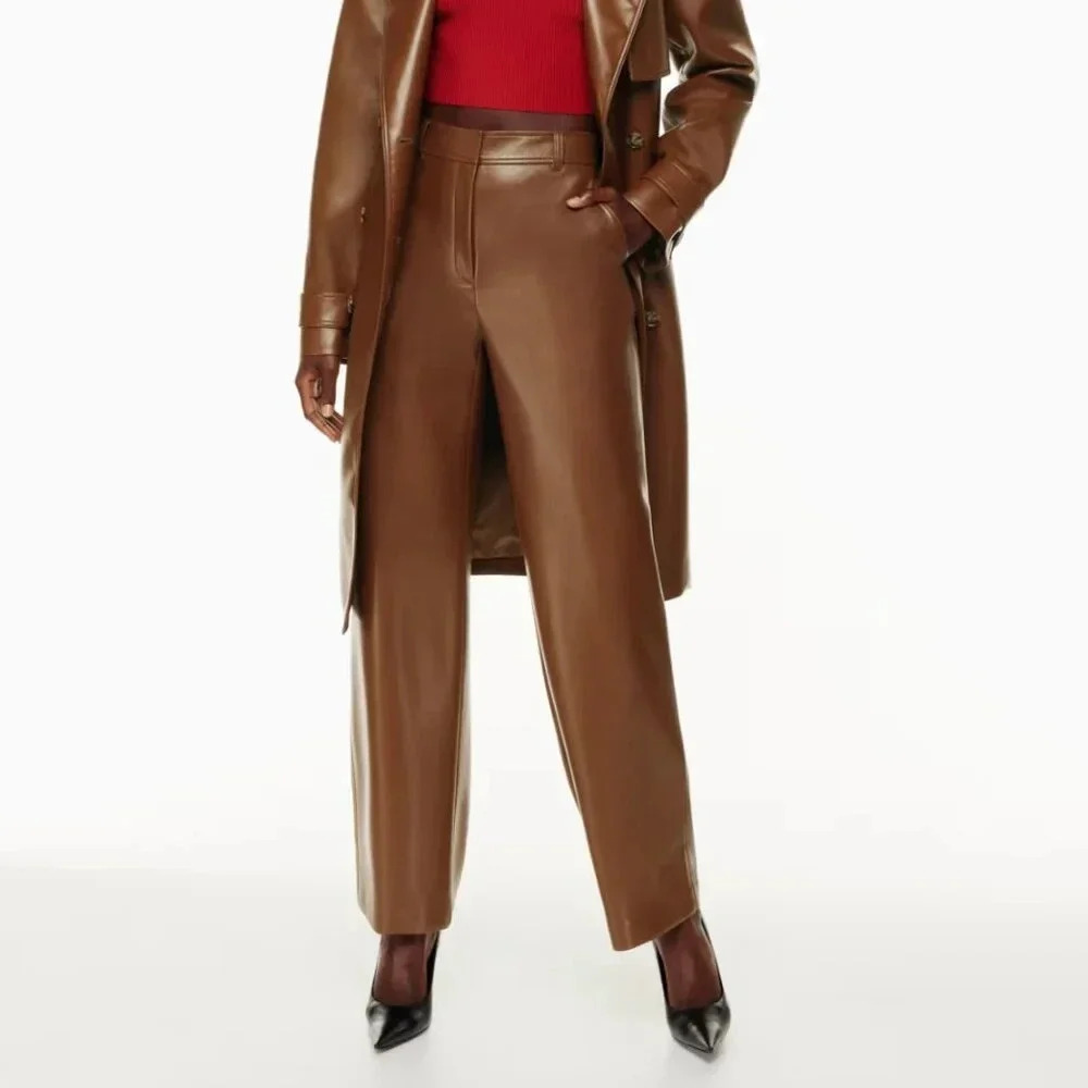 Aritzia Command Vegan Leather Brown Straight Leg Pants